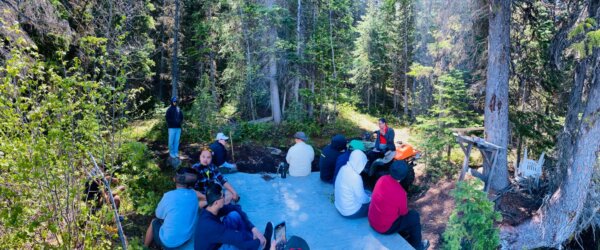 Men's outing talking in the middle of a forest